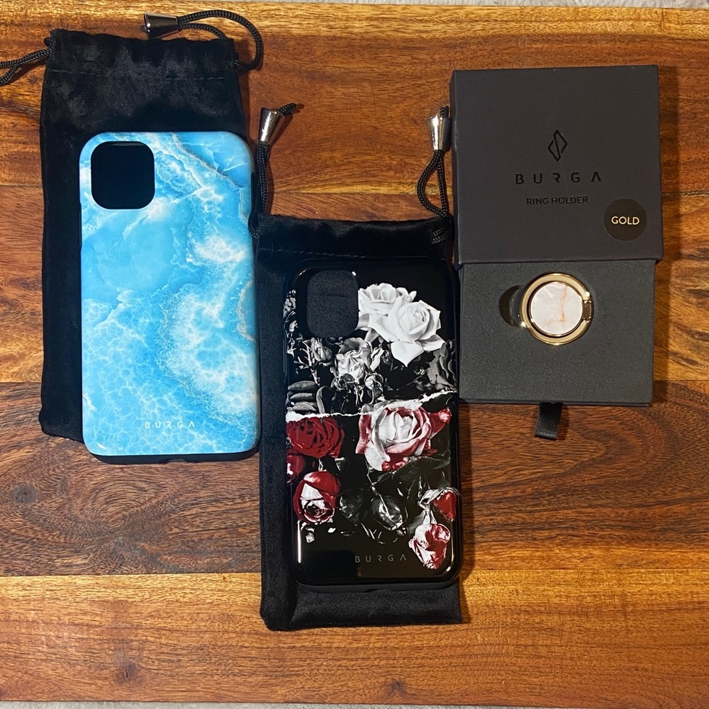 Burga Blue Marble and Black Floral iPhone 11 Cases with ring holder